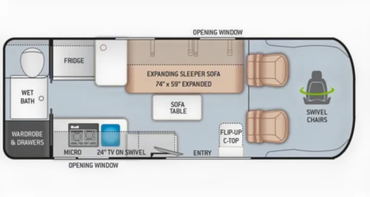 This RV rental floor plan displays a compact interior with a wet bath, kitchen, expanding sofa bed, and swivel chairs.. Thor Sequnce 2023