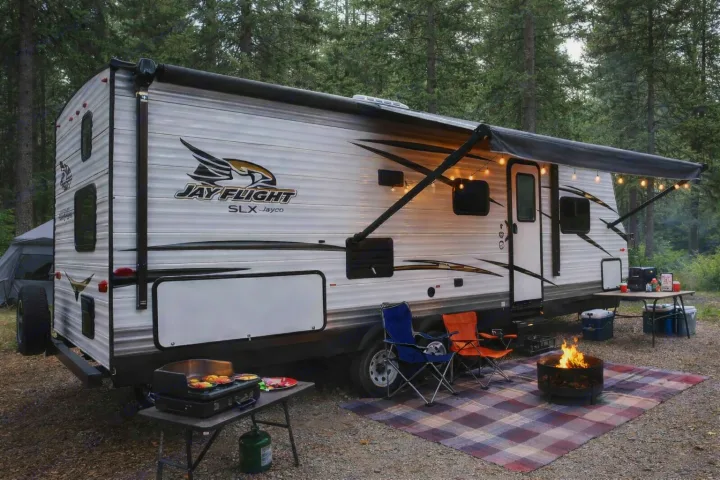Enjoy an RV rental adventure! Jay Flight travel trailer in a forest with an outdoor camp setup: fire pit, grill, chairs, and awning.. Jayco Jay Flight SLX 2018