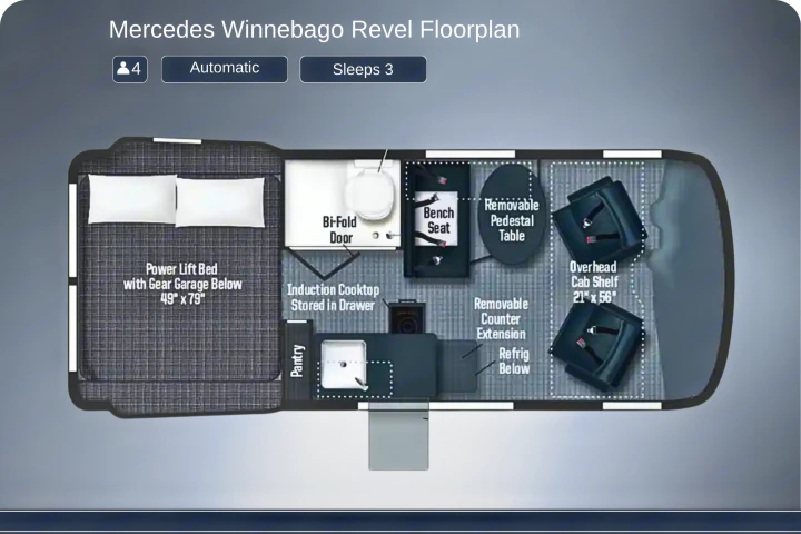 Mercedes Winnebago Revel rv rental floorplan: a compact layout featuring a power lift bed, kitchen, bath, seats 4, sleeps 3.. Mercedes Winnebago 2026