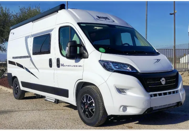 White McLOUIS campervan, a sleek rv rental option for adventures. Features an awning and modern design.. Mc Louis Menfys 3 maxi 2025