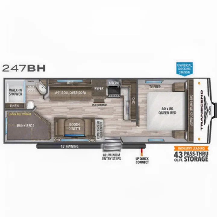 RV rental 247BH floor plan: queen bed, bunk beds, dinette, kitchen, and walk-in shower. Spacious family layout.. Grand Design Transcend 2020