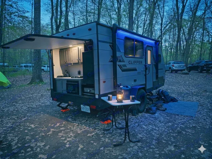 Cozy rv rental setup in a twilight forest campsite with an open outdoor kitchen, glowing lights, and camping gear ready for adventure.. Clipper 3K 2025