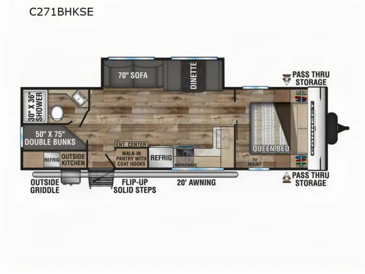 This RV rental floor plan, C271BHKSE, shows a travel trailer interior with queen bed, double bunks, kitchen, and bathroom. Ideal for family camping.. KZ CONNECT 271BHSE 2026