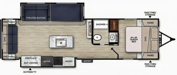Detailed rv rental floor plan with queen bed, theatre seating, kitchen island, and full bath layout.. Coachmen Apex 2021