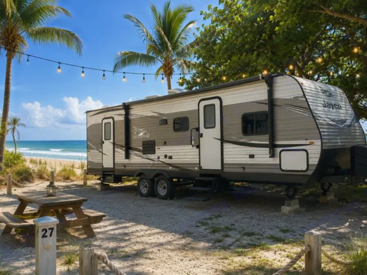 Scenic beachfront RV rental with palm trees, ocean views, string lights, and a picnic table at the campsite.. Jayco Jay Flight 2021