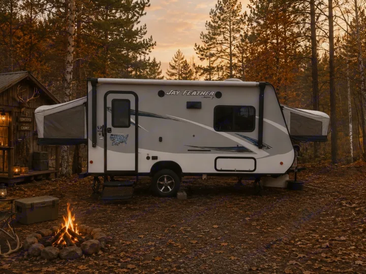 Fall camping with an RV rental: a Jay Feather travel trailer parked by a rustic cabin and warm campfire in the woods.. Jayco Jay Feather 2017