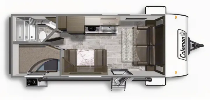 Floor plan of a Coleman RV rental, showcasing its compact interior layout with kitchen, bathroom, dining, sleeping, and outdoor kitchen.. Coleman Coleman Light LX Series 2125BH 2018