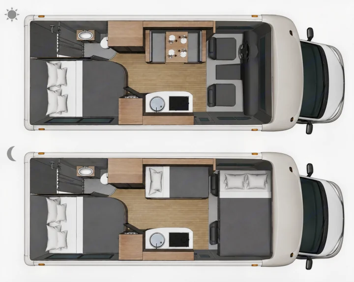 RV rental floor plan: day (top) shows living/dining areas; night (bottom) displays sleeping configurations.. Adventurer Adventurer Motorhome 2017