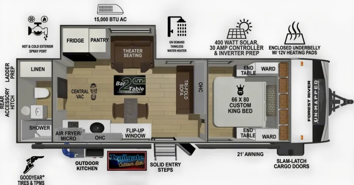 Explore this spacious RV rental floor plan: custom king bed, full bath, kitchen, theater seating, and outdoor kitchen.. Forest River Unmapped 2026