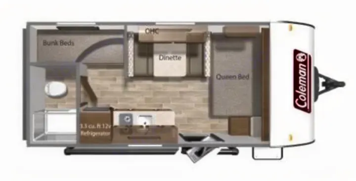 This RV rental floor plan shows a Coleman travel trailer with a queen bed, dinette, bunk beds, kitchen, and bathroom for camping.. Coleman Lantern 2023