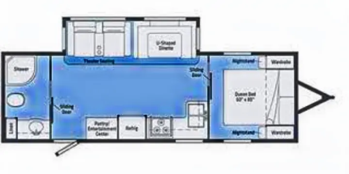 RV rental floor plan: Queen bed, theater seating, U-shaped dinette, kitchen, and bathroom layout.. Minnie Minnie Plus 2019