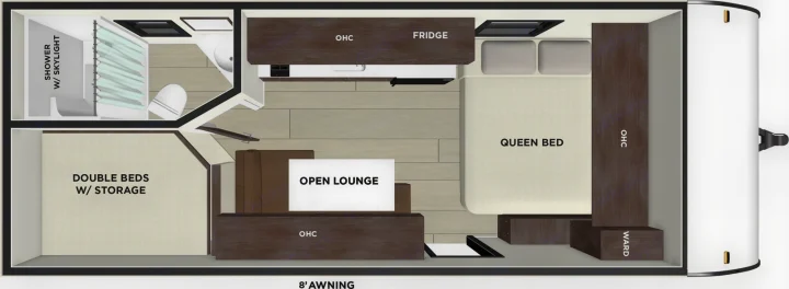 Detailed RV rental floor plan shows a queen bed, double beds, open lounge, full bath, kitchen w/fridge, and awning.. Forest River Salem 2026
