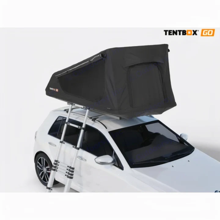 Compact RV rental alternative: a white car with a TENTBOX GO rooftop tent and ladder for easy adventure.. TENTBOX GO 2026
