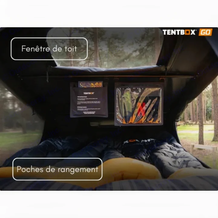 RV rental rooftop tent interior, showing a roof window, cozy bedding, and convenient storage pockets for camping.. TENTBOX GO 2026