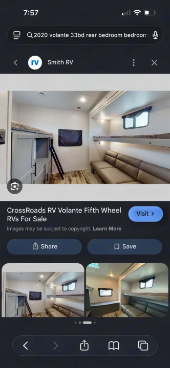 Explore this CrossRoads Volante fifth wheel RV rental's cozy bunkhouse with multiple beds, sofa, and storage options.. crossroads Volante 2020