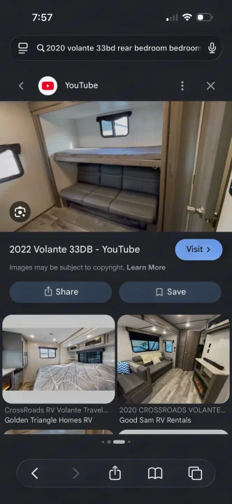 Interior of a Volante 33DB RV, featuring bunk beds and a sofa. View these popular RV rental options and travel trailers.. crossroads Volante 2020