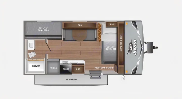 This Jayco rv rental floor plan shows a queen bed, bunk beds, kitchen, bathroom, and a 12' awning for family adventures.. Jayco SLX 175BH 2026