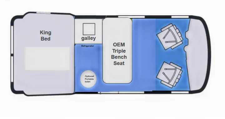 RV rental floor plan: king bed, galley with fridge, triple bench seat, and front seating area.. Mercedes Sprinter 2023