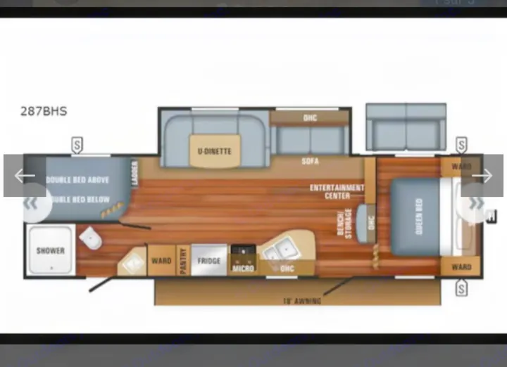Detailed rv rental floor plan of a 287BHS travel trailer, featuring queen bed, bunks, U-dinette, kitchen, and full bath.. Jayco Jay Flight SLX 2018