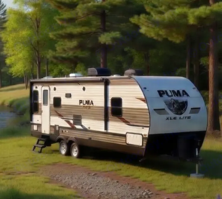 Puma XLE Lite RV rental parked beside a tranquil river in a lush forest, perfect for your outdoor adventure.. Forest River Palomino Puma XLE 2023