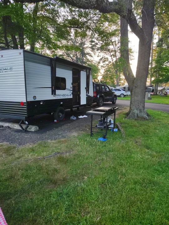 This image shows a Springdale rv rental travel trailer parked at a shaded campsite, with an SUV and a grill setup.. Keystone RV Springdale 2024