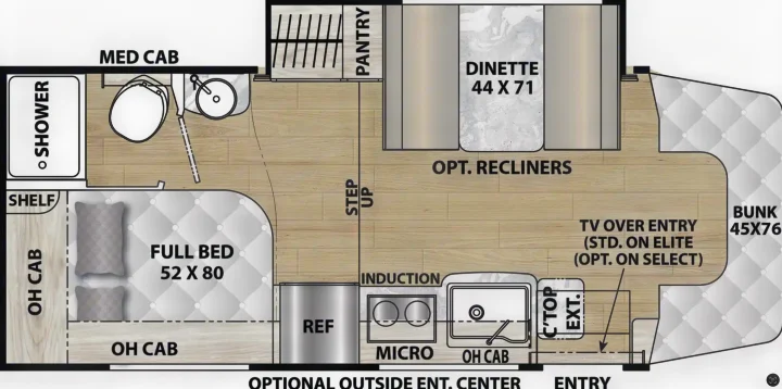RV rental floor plan showing a full bed, dinette, bunk, kitchen, and bathroom layout for your next adventure.. Coachmen Prism 2022