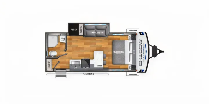 Explore this RV rental floor plan: "Shadow Cruiser" layout shows a queen bed, sofa, kitchen, and full bath for your trip.. Cruiser RV Shadow Cruiser 2025