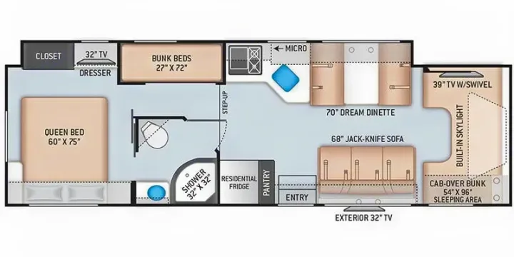 RV rental floor plan: Spacious interior with queen bed, bunk beds, dinette, kitchen, and bathroom for comfortable travel.. Thor Quantum 2023
