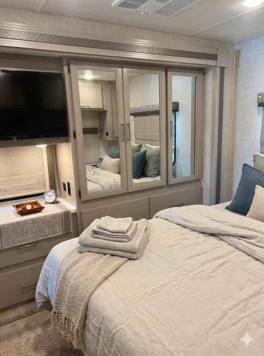 Cozy RV rental bedroom with neutral-toned bedding, mirrored wardrobe, TV, and storage, designed for comfortable travel.. Thor Motor Coach Windsport 2022