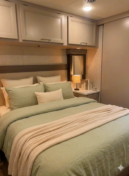 Relax in this modern RV rental master bedroom featuring soft sage green linens, overhead storage, and a cozy bedside setup.. Thor Motor Coach Windsport 2022