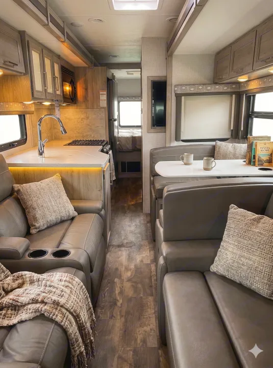 Spacious RV rental interior features a modern kitchen, cozy living area with recliners, and dining booth. Clean design, warm lighting.. Thor Motor Coach Windsport 2022
