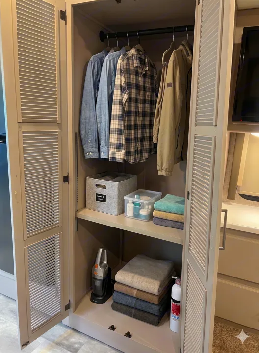 Well-organized RV rental closet features hanging clothes, neatly folded towels and linens, toiletries, a vacuum, and fire extinguisher.. Thor Motor Coach Windsport 2022