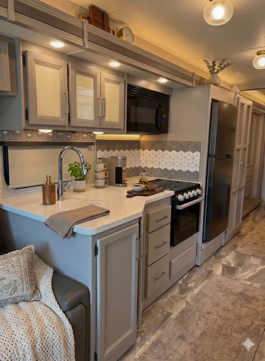 Discover a modern RV rental kitchen. Light gray cabinets, white counters, geometric backsplash, and stainless appliances.. Thor Motor Coach Windsport 2022