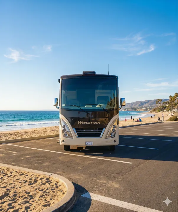 A spacious RV rental is parked head-on at a scenic California beach, with ocean waves breaking on the sand under a bright blue sky.. Thor Motor Coach Windsport 2022