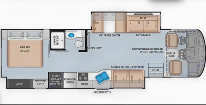 RV rental floor plan: King bed, bath, kitchen, dinette, sofa, overhead bunk, theater seats, and front cockpit area.. Thor Motor Coach Windsport 2022