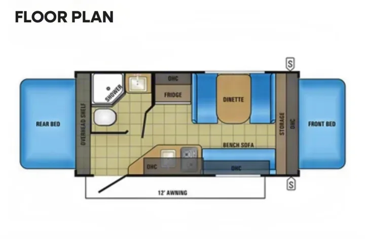 Explore this RV rental's detailed floor plan, showing a compact camper layout with beds, kitchen, and bathroom.. Jayco Jay Feather 2017