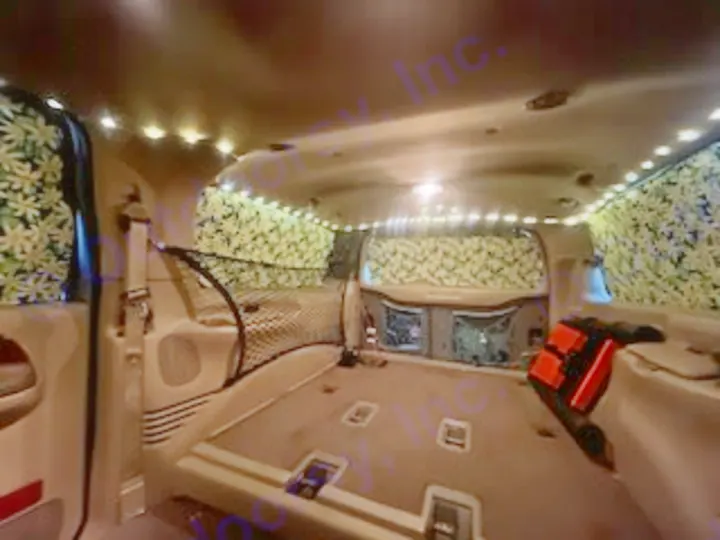 Inside this converted vehicle, ideal for an RV rental, discover custom leaf-pattern curtains, ambient LED lights, and a ready-to-sleep rear cargo area.. Ford Excursion 2000