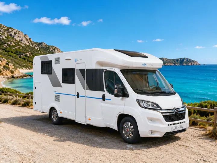 RV rental adventure! A white SunLiving motorhome enjoys stunning coastal views with turquoise water and rocky shores.. SunLiving S 72 DL 2023