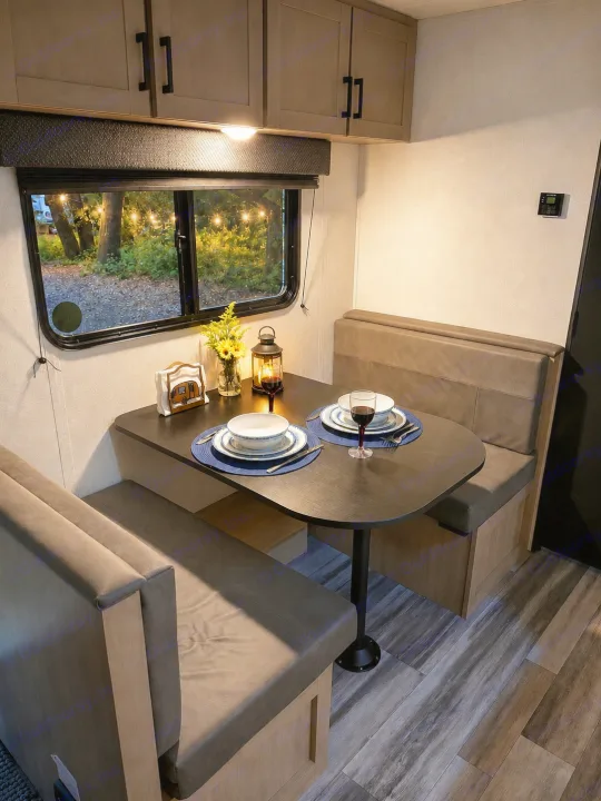 Cozy RV rental dinette with booth seating, a table set for two, warm lighting, and a window view of outdoor string lights.. Jayco Jay Flight SLX 175 FQW Baja 2026
