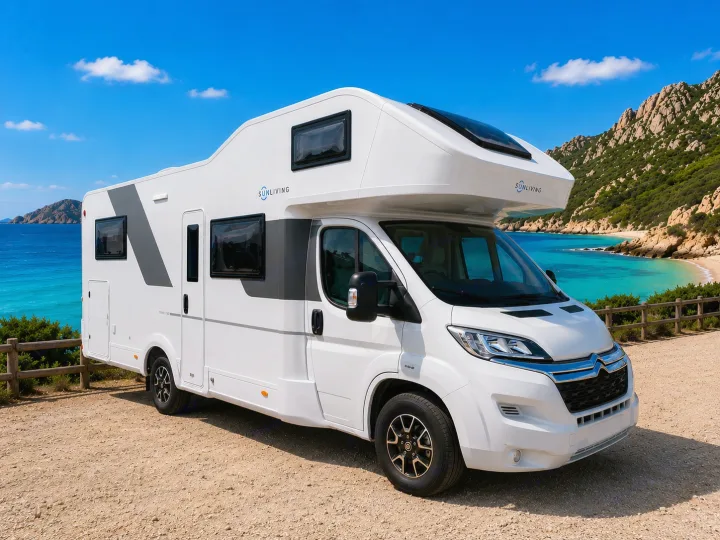 White RV rental parked at a stunning coastal viewpoint with turquoise water & sandy beach. Explore the outdoors!. SunLiving A 75 DP 23 2023