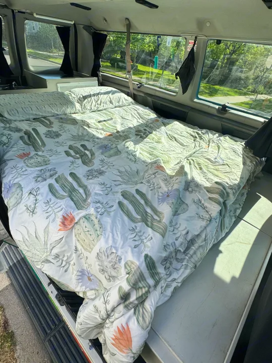 Cozy cactus-themed bed inside an RV rental, offering a comfortable sleep space with views of the street outside for van life.. Ford Econoline 150 2012