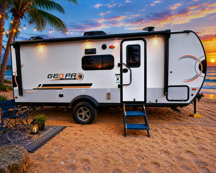 This white and gray RV rental, a GEO PRO, is set on a sandy beach at sunset, surrounded by palm trees and ocean views.. Forest River Rockwood Geo Pro 2022