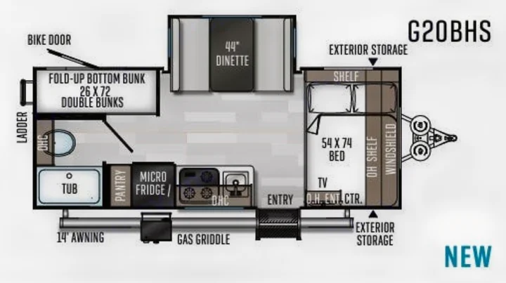 Detailed G20BHS RV rental floor plan, illustrating interior space with bed, bunks, dinette, kitchen, & bathroom.. Forest River Rockwood Geo Pro 2022