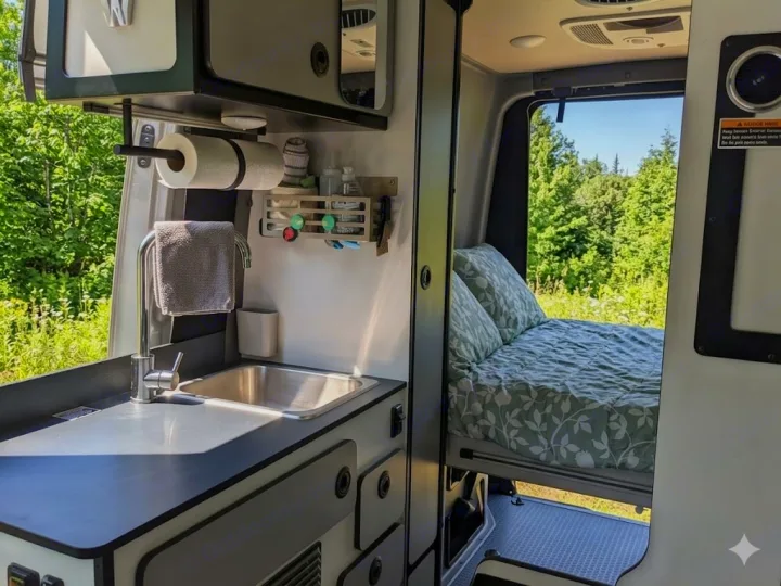 RV rental camper van interior: compact kitchenette with sink, paper towels, and cozy bed looking out to a lush forest.. Winnebago Revel 2023