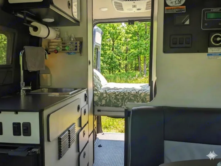 This RV rental's interior features a compact kitchen, a comfortable bed with an open door view of a lush forest, and a control panel.. Winnebago Revel 2023