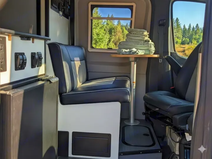 This cozy RV rental interior features a dinette, swivel seating, and controls, perfect for your next road trip adventure.. Winnebago Revel 2023