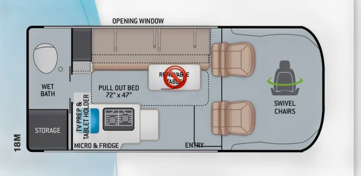 This RV rental floor plan shows a camper van with a wet bath, pull-out bed (72" x 47"), kitchenette, and swivel seats.. Thor Scope 2022