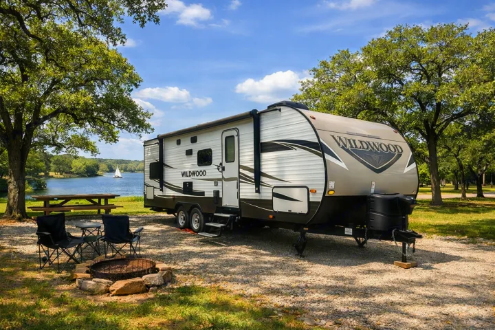 RV rental: Wildwood travel trailer parked at a scenic lakeside campsite with a fire pit, chairs, and picnic table.. Forest River Wildwood 2016
