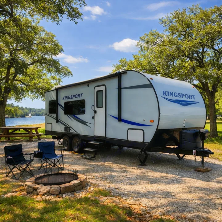 Peaceful rv rental at a lakeside campsite. A white travel trailer, fire pit, and chairs await your outdoor adventure.. Gulf Stream Kingsport 2021