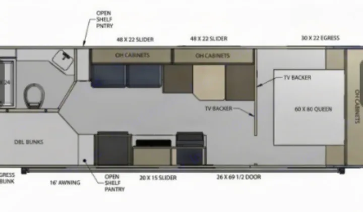 Explore this RV rental's detailed floor plan: queen bed, double bunks, kitchen, bathroom, and storage, perfect for your next adventure.. Sunset Park RV Sun Lite 2026